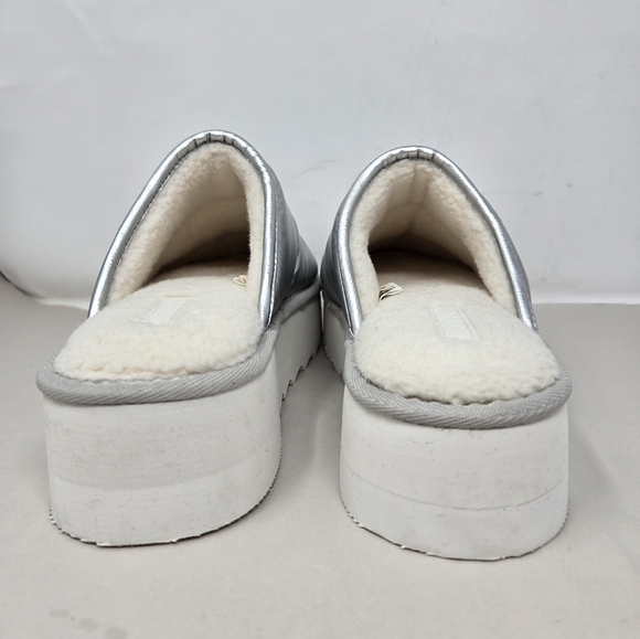 Maeve Women Puffer Platform Slippers Sz 7-8 M Silver Nylon Upper Cream Faux Fur - Picture 4 of 13